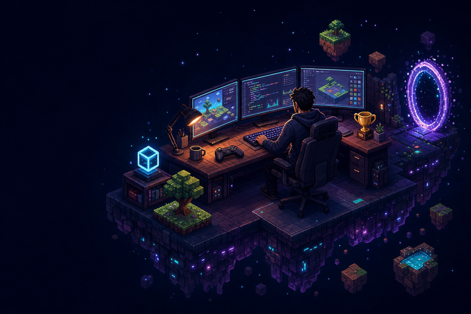 Isometric pixel art developer workshop in a floating game world